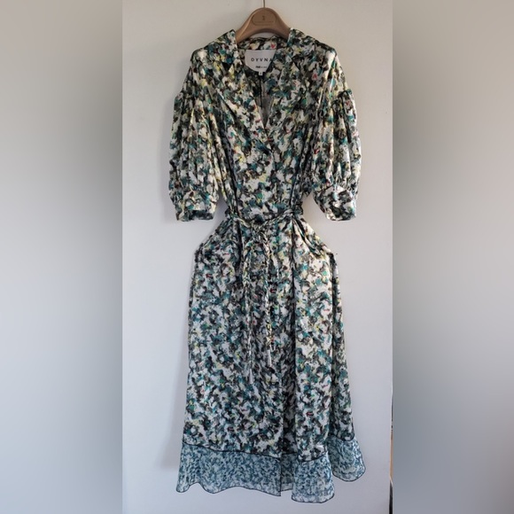 NWT DYVNA belted printed chiffon trimmed hammered silk satin midi length dress - Picture 7 of 15
